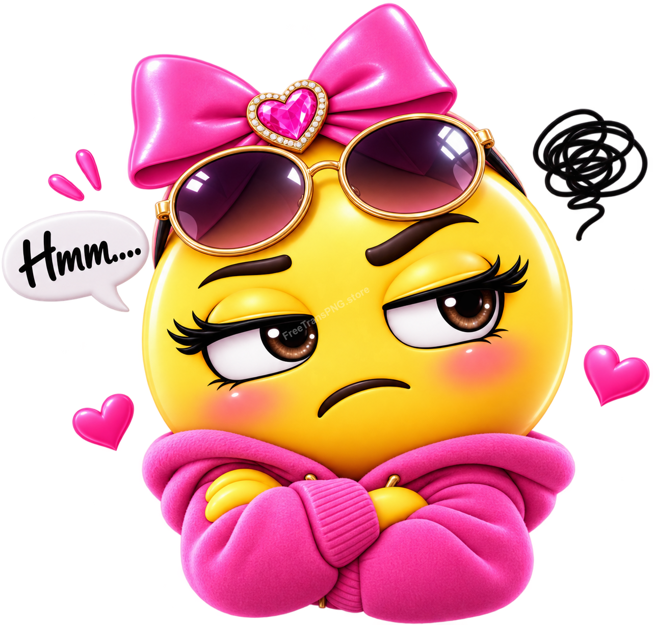 3D Skeptical Emoji Girl with Crossed Arms and "Hmm...." Speech Bubble Clipart