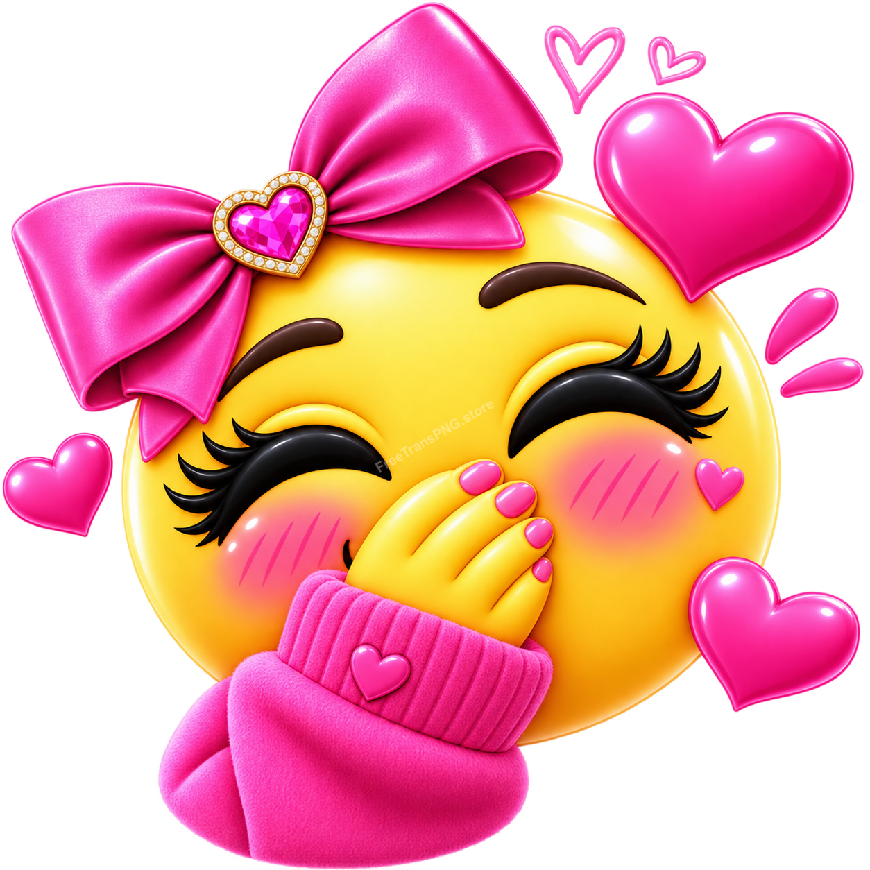 Adorable Laughing Yellow Emoji Face with Pink Sweater & Hearts PNG