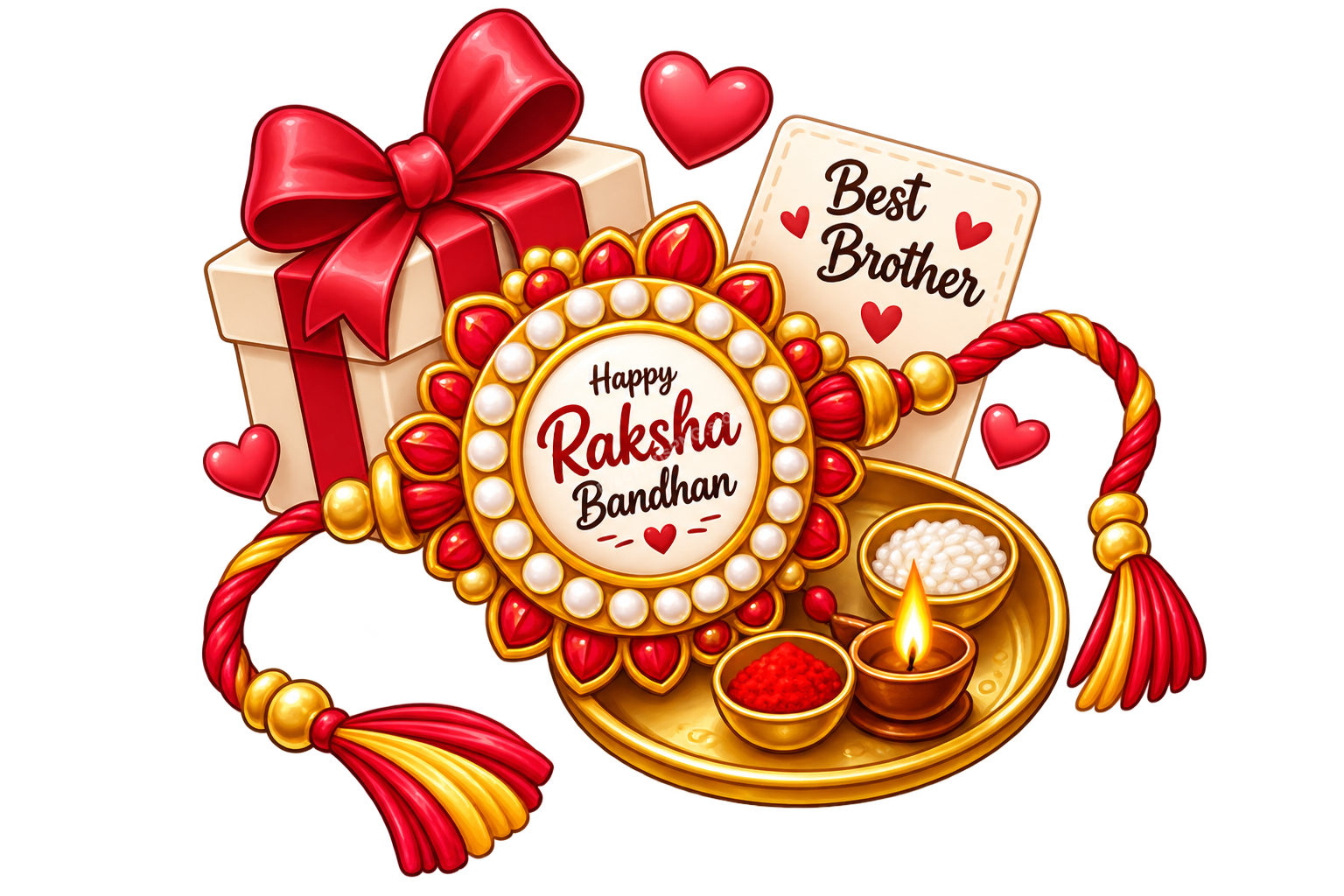 Happy Raksha Bandhan Decorative Rakhi Clipart with Gift Box and Pooja Thali