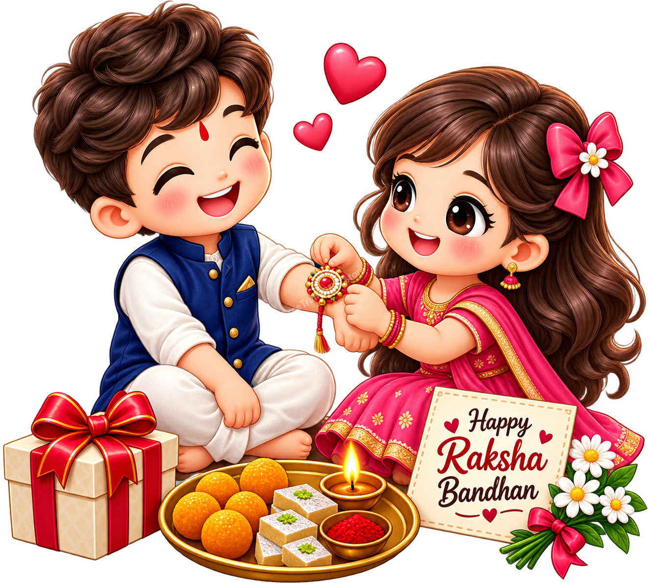 Cute 3D Little Sister Tying Rakhi on Brother's Wrist Clipart