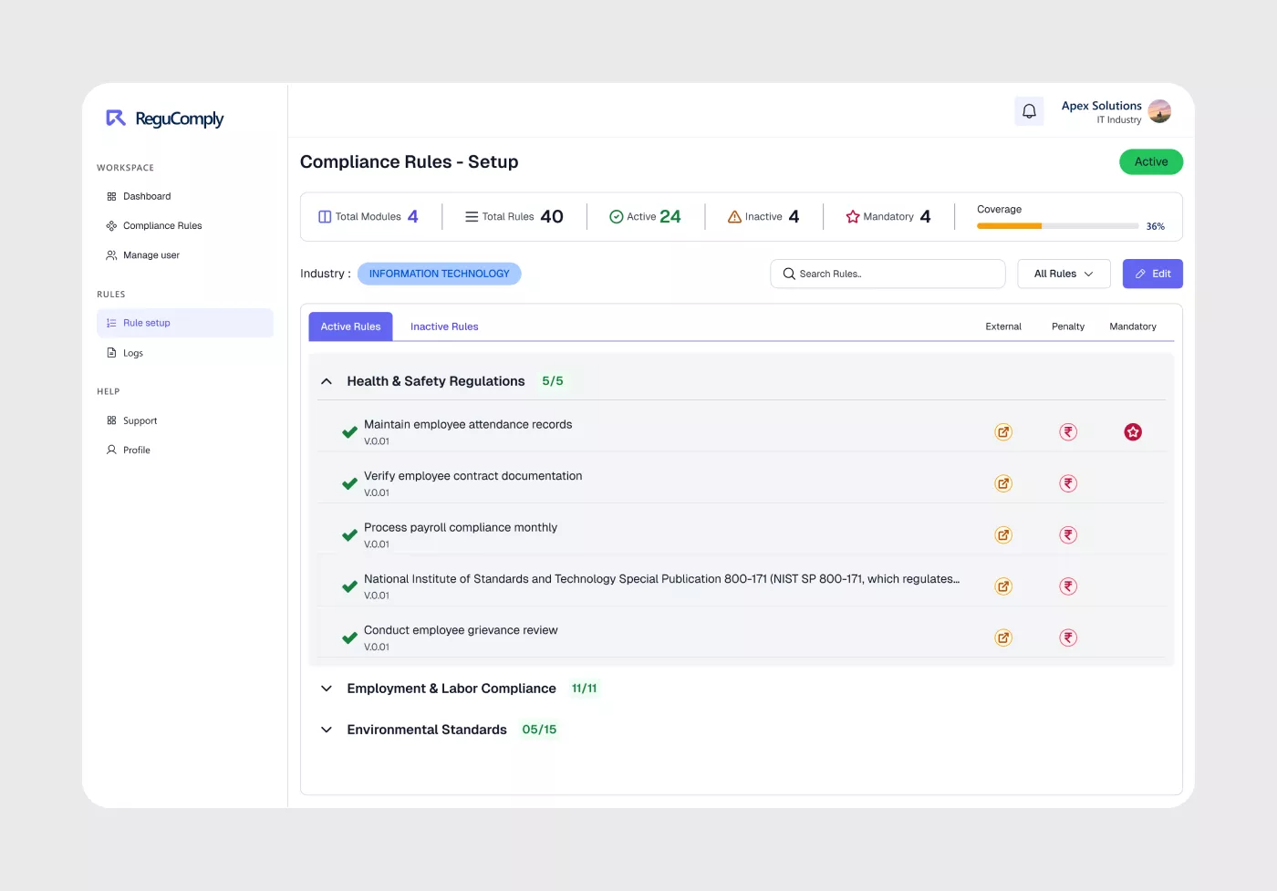 Regucomply compliance rules configuration panel