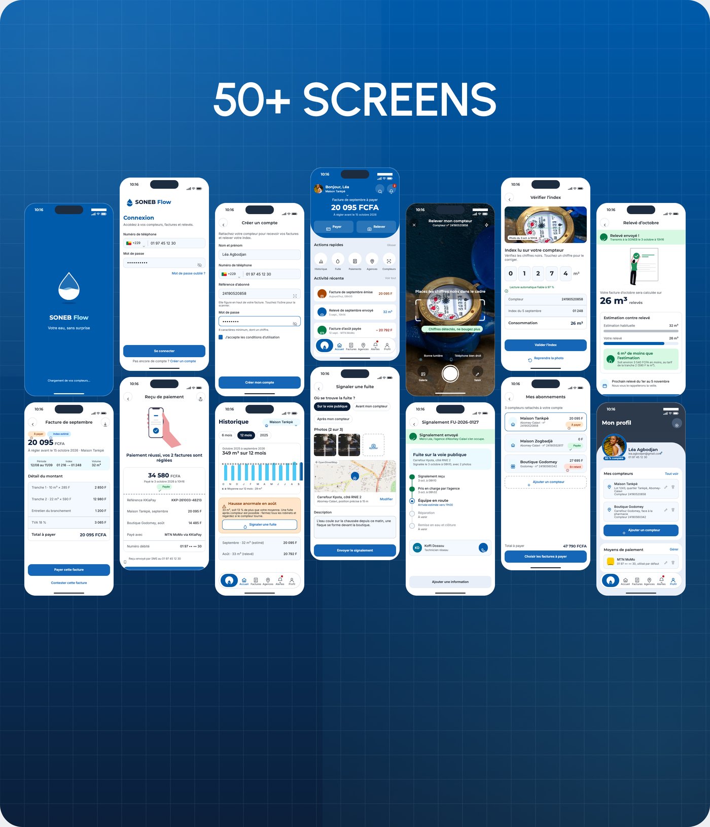SONEB Flow: customer app for a water utility, screens