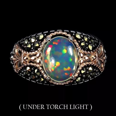 Bague opal et marcasites, argent 925, taille 8.5