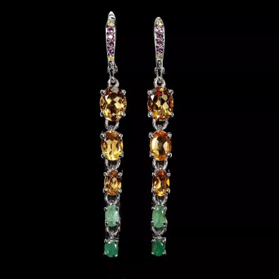 Boucles d'oreilles Citrine, &eacute;meraude, rhodolite et sapphire, argent 925