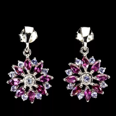 Boucles d'oreilles Grenats rhodolite et tanzanite, argent 925