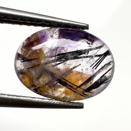 Quartz avec inclusions Am&eacute;thyste avec Rutile Noir, Cabochon, Norv&egrave;ge, 10 x 7 x 4 mm, 2.35 ct