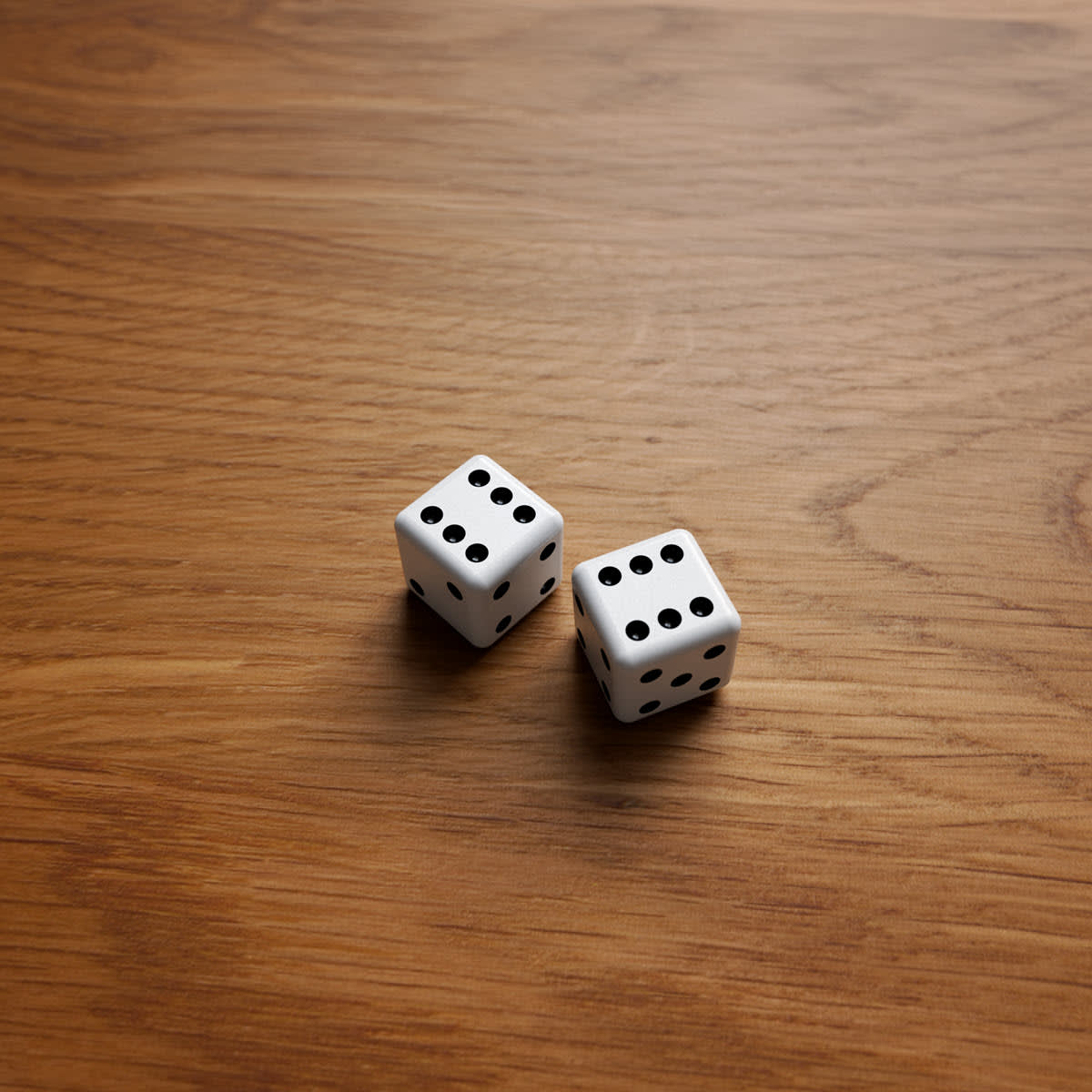 Two white dice on a wooden table, both showing the side with number six