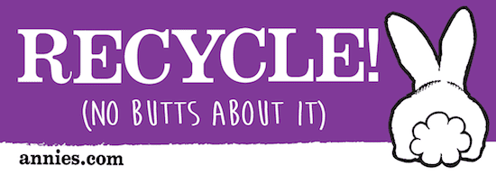 A rectangular purple sticker showing Bernie's backside. It reads "Recycle! (no butts about it)"