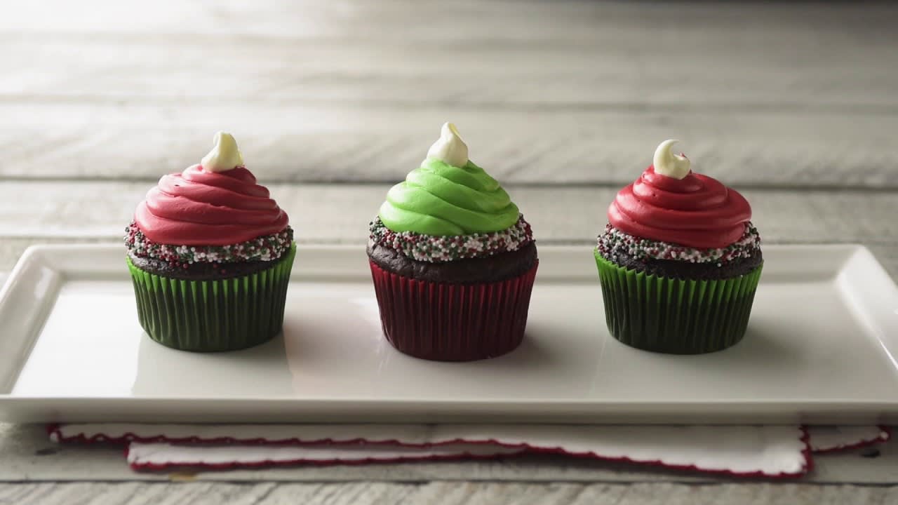 Video thumbnail image. Elf Hat Cupcakes