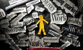 Illustration representing unemployment, showing a person surrounded by words related to job loss, economic pressure, and uncertainty