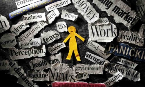 Illustration representing unemployment, showing a person surrounded by words related to job loss, economic pressure, and uncertainty