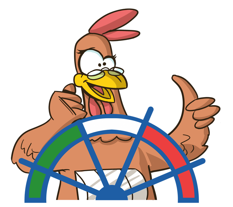 Gallina dietro una ruota del timone di colori della bandiera italiana.
