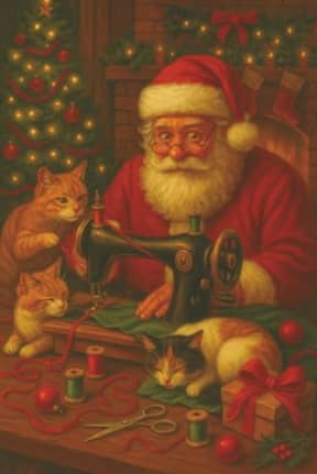 Santas Peaceful Stitching Crew Notebook - Cute Christmas Journal Gift for Sewists, Quilters and Cat Lovers: While Santa sews, the cats snooze  the purr-fect festive calm before the Christmas chaos!, by T Larkin