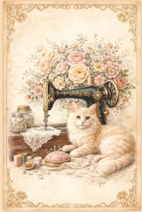 Floral Sewing Machine Journal with Cat for Quilters and Dressmakers Project Planner Notebook: Vintage Style Craft Logbook Featuring Roses and Antique Equipment Illustration, by T Larkin