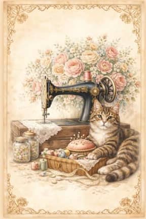 Sewing Journal with Tabby Cat and Floral Vintage Machine for Quilters Project Planner Notebook: Elegant Craft Logbook Featuring Roses Antique Equipment and Feline Companion, by T Larkin