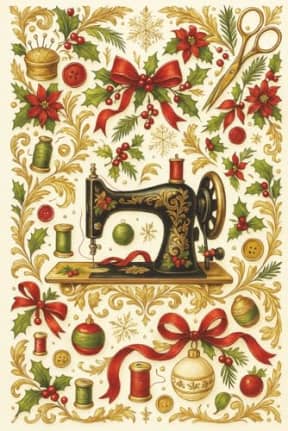 Holiday Sewing Journal - 120 Page Lined Notebook with Vintage Christmas Machine Design for Quilters and Sewists: A festive sewing notebook with poinsettias, holly, ribbons, and ornate golden details, by T Larkin