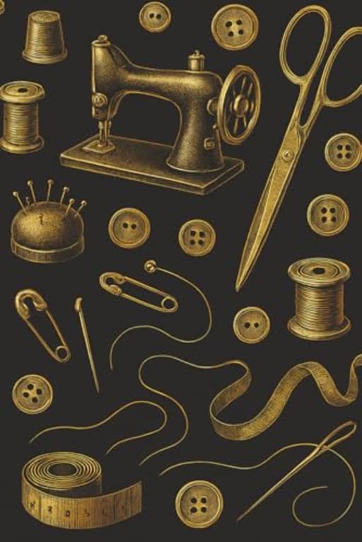 Elegant Gold Sewing Tools  Premium Sewing Notebook: A stylish, high-end notebook featuring golden vintage sewing illustrations  perfect for journaling, sketching, or sewing project plans., by T Larkin