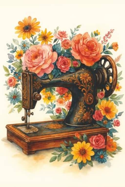 Vintage Floral Sewing Machine  A Beautiful Notebook for Creative Stitchers: A charming notebook design featuring an antique sewing machine surrounded ... patterns, project notes, and inspiration., by T Larkin