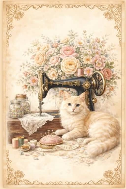 Floral Sewing Machine Journal with Cat for Quilters and Dressmakers Project Planner Notebook: Vintage Style Craft Logbook Featuring Roses and Antique Equipment Illustration, by T Larkin