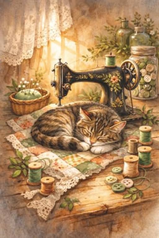 Vintage Sewing Journal Sleeping Tabby Cat Notebook gift for Makers and Quilters: Cozy antique machine artwork with peaceful cat design for project planning pattern ideas and creative organisation, by T Larkin