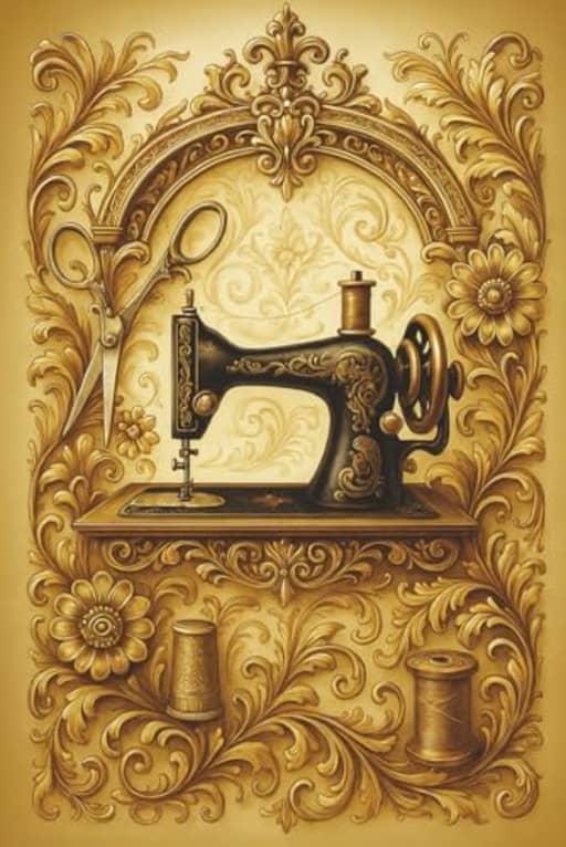 Golden Scrollwork Sewing Machine  Elegant Lined Notebook: A luxurious vintage-style notebook for sewing lovers, inspired by ornate craftsmanship and timeless design., by T Larkin