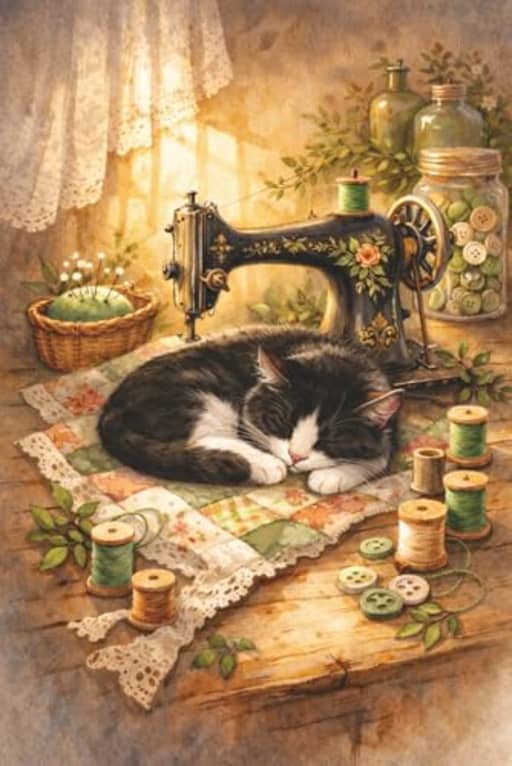 Vintage Sewing Journal Sleeping Black and White Cat Notebook gift for Makers and Quilters: Cozy antique machine artwork with peaceful black and white ... pattern ideas and creative organisation, by T Larkin