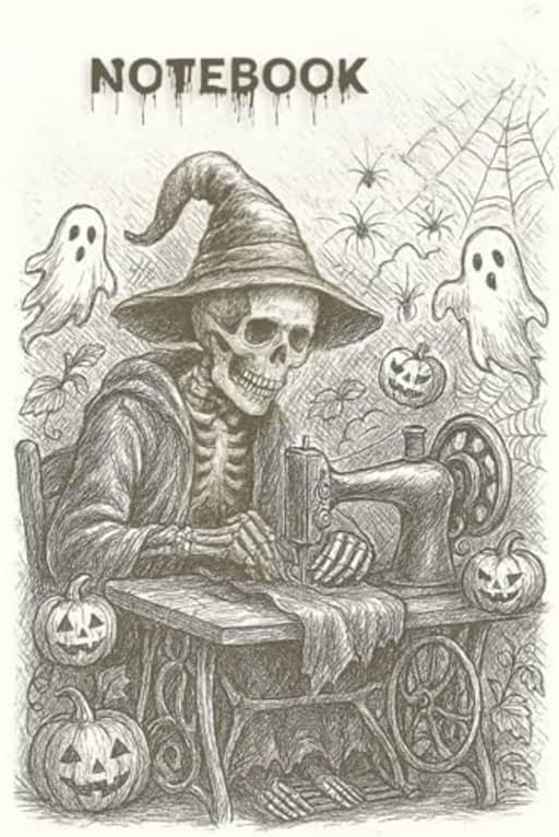 Halloween themed Sewing Notebook, 120 page lined pages: A gothic black and white Halloween sewing journal for spooky stitchers and lovers of vintage style, by T Larkin