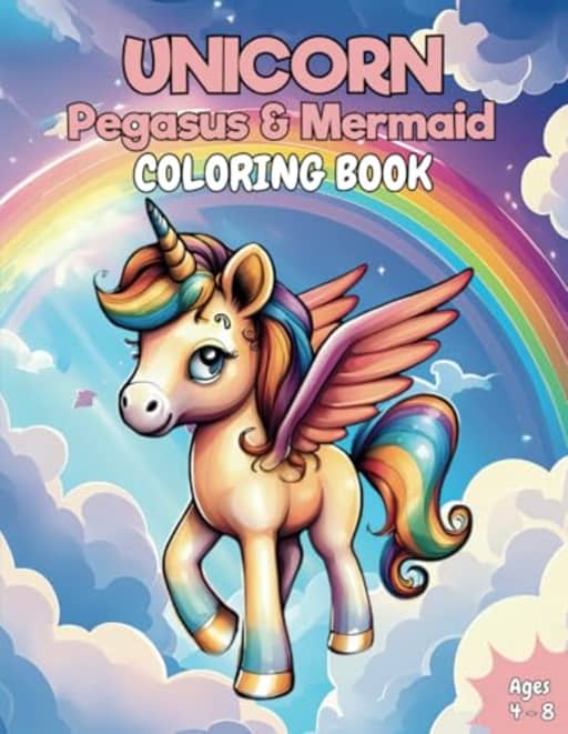 Unicorn, Pegasus & Mermaid Coloring Book: Magical Creatures and Fantastical Adventures for Kids Ages 4-8, by Paper Piranha Publishing