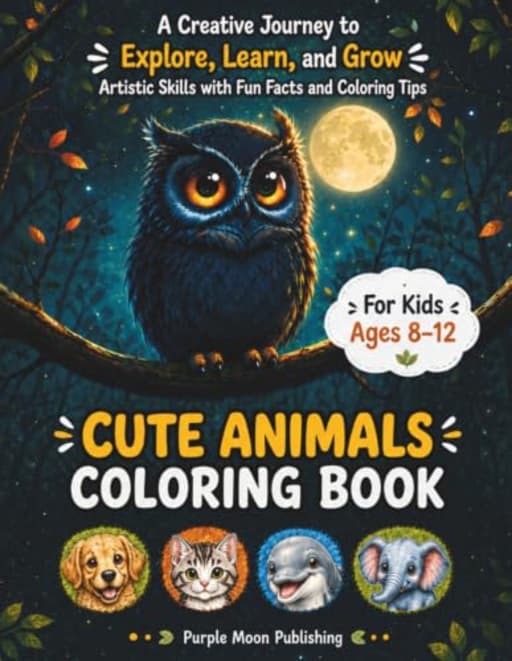 Cute Animals Coloring Book (for Kids Ages 8-12): A Creative Journey to Explore, Learn, and Grow Artistic Skills with Fun Facts and Coloring Tips, by Purple Moon Publishing
