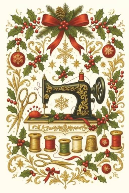 Vintage Sewing Machine Christmas Journal - 120 Page Lined Notebook Gift for Quilters and Sewists: A festive vintage-style sewing notebook decorated with holly, ribbons, and holiday charm, by T Larkin