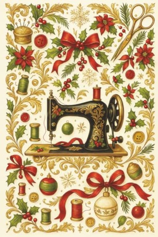 Holiday Sewing Journal - 120 Page Lined Notebook with Vintage Christmas Machine Design for Quilters and Sewists: A festive sewing notebook with poinsettias, holly, ribbons, and ornate golden details, by T Larkin