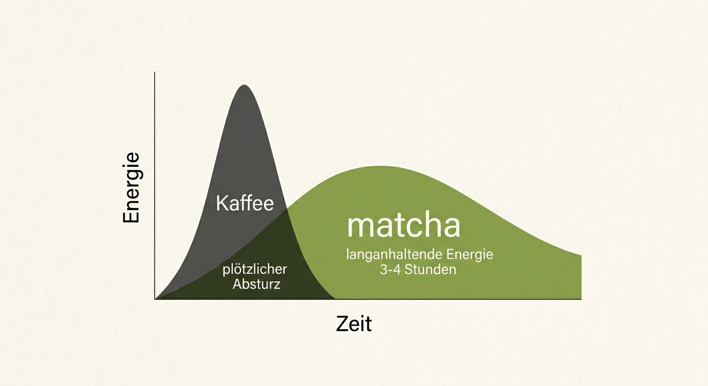 Energiekurven-Vergleich: Kaffee-Spike und Absturz vs. langanhaltende Matcha-Energie über 3-4 Stunden