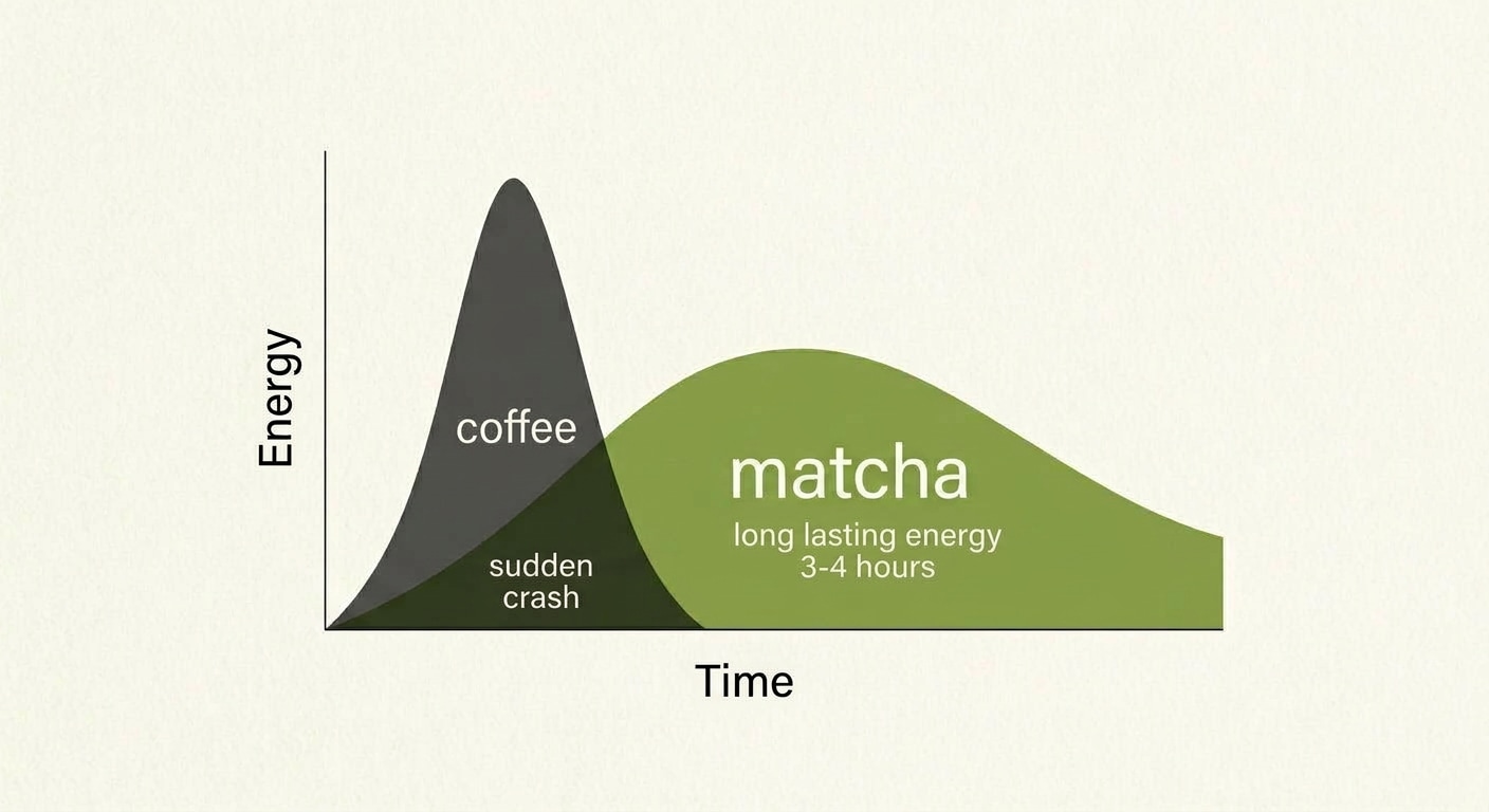 Energy curve comparison: coffee spike and crash vs matcha sustained energy over 3-4 hours