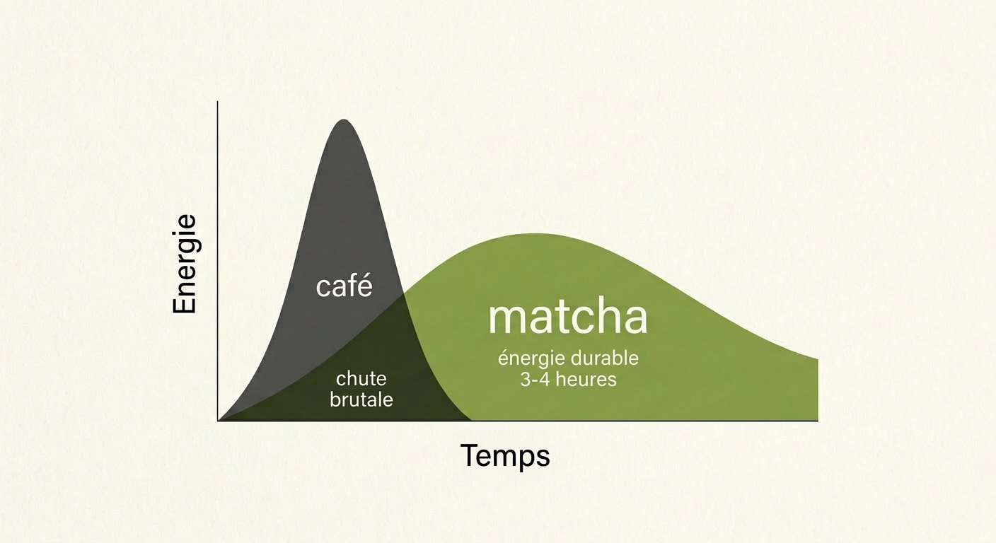 Comparaison des courbes d énergie : pic et chute brutale du café vs énergie durable du matcha sur 3-4 heures