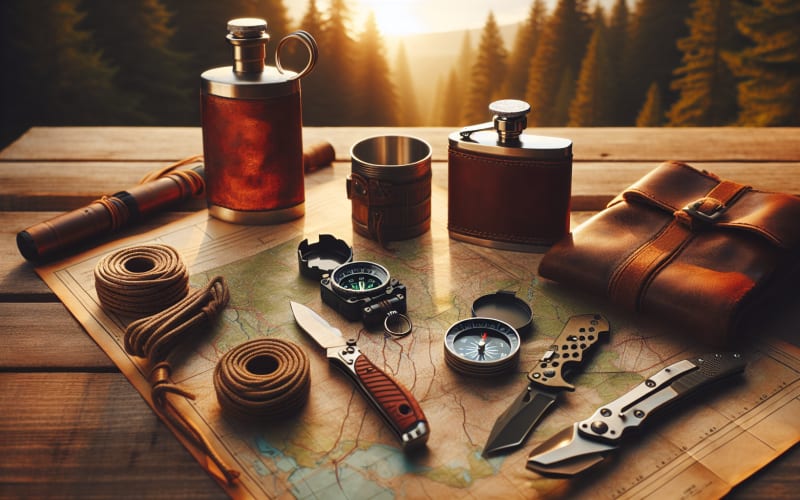 A hiker overlooking a scenic mountain vista, surrounded by essential outdoor gear.