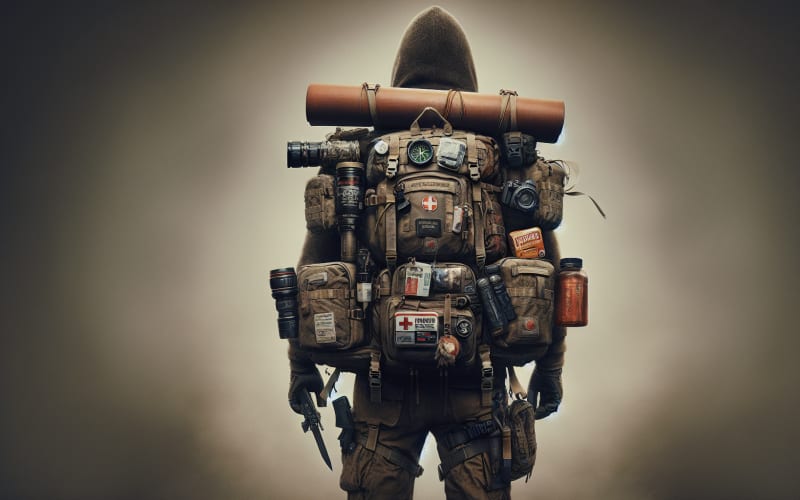 A rugged backpack filled with essential prepping gear sitting on shelf