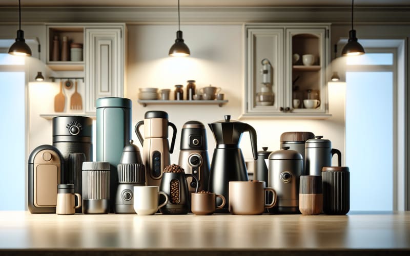 A collection of stylish coffee containers on a kitchen countertop, highlighting their design and functionality.