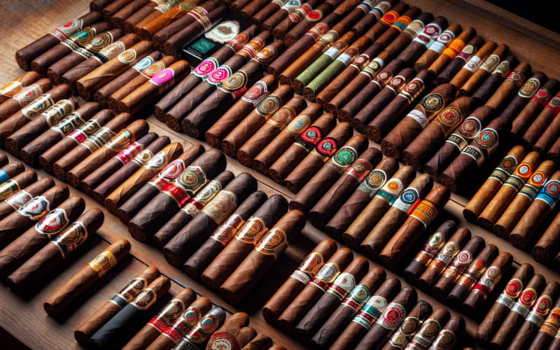 A collection of various cigars laid out on a wooden table, showcasing their labels and unique packaging.