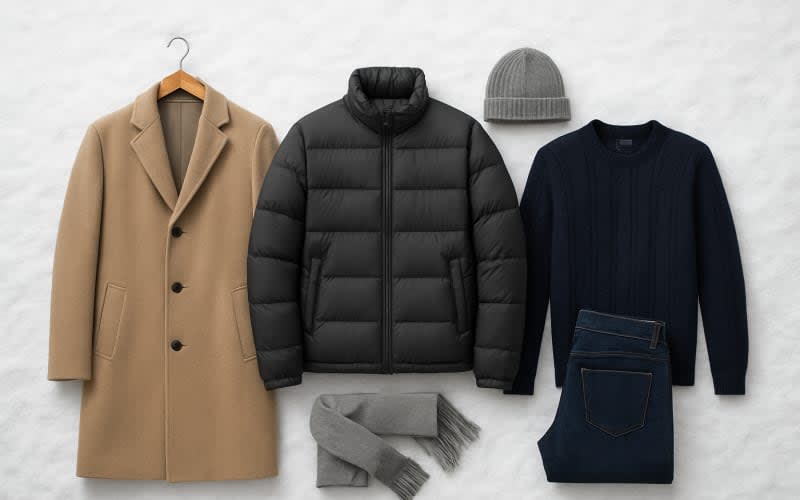 A curated selection of men's outerwear and apparel displayed against a snowy backdrop.