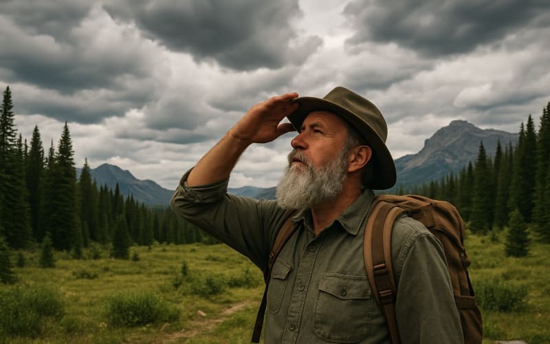 An experienced outdoorsman observing the sky and landscape for weather signs in a scenic wilderness setting.