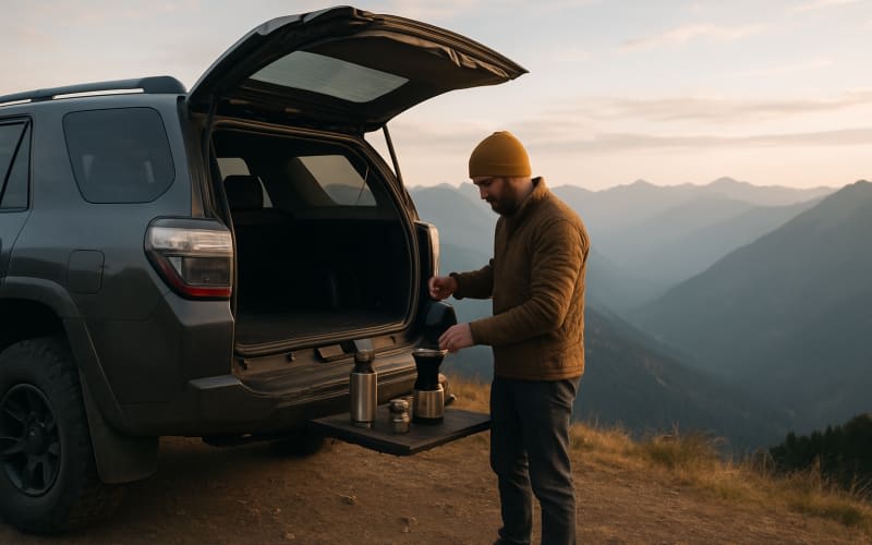 A man making coffee next to the back of his 4x4 overlooking a view point high in the mountains 