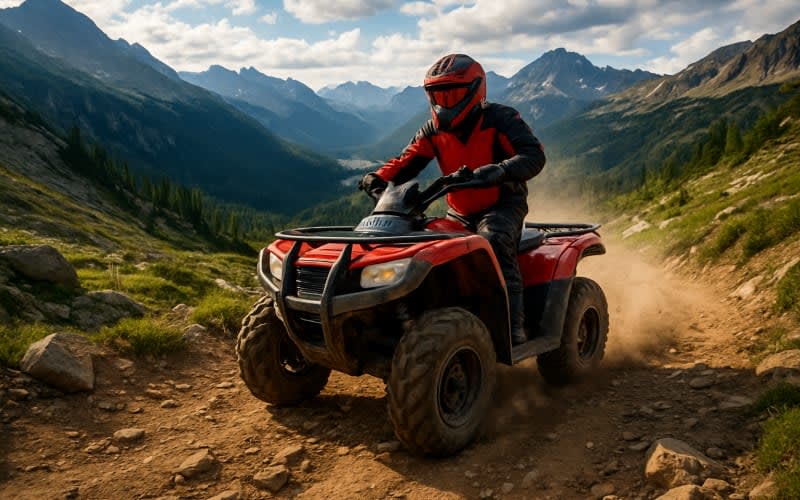 An exhilarating view of an ATV rider navigating a rugged mountain trail with breathtaking scenery.