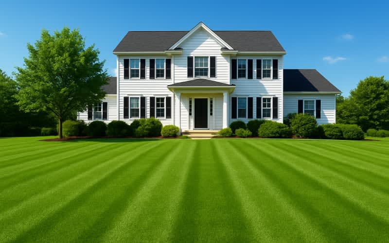 A beautifully maintained front lawn in front of a white house with lush green grass and a clear blue sky.