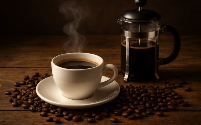 A steaming cup of coffee on a rustic wooden table surrounded by coffee beans and a French press.