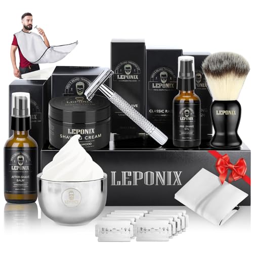 Shaving Kit for Men - Secret Santa Gift Set, Includes Safety Razor, Sandalwood Shaving Cream, Aftershave, Pre-shave Oil, Brush, Bowl & Apron Bib - Christmas Gifts for Him Husband Dad Stocking Stuffers