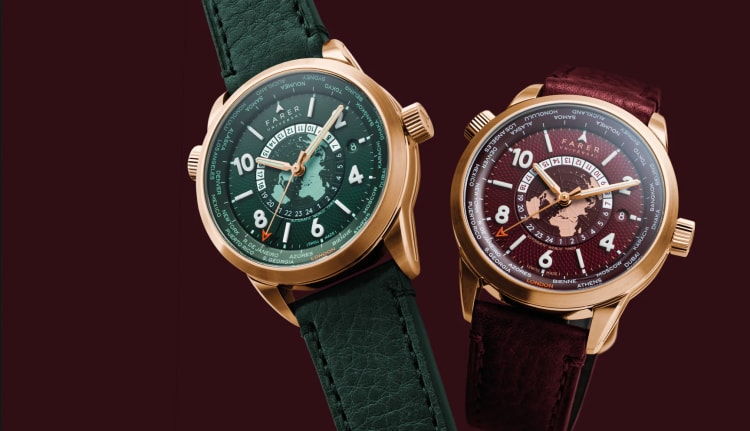 A stylish Farer wristwatch with a colorful dial and leather strap, shown in close-up.