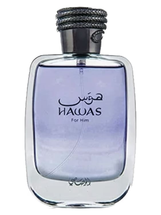 A bottle of Rasasi Hawas for Him cologne with a sleek, modern design and a blue-tinted glass bottle.