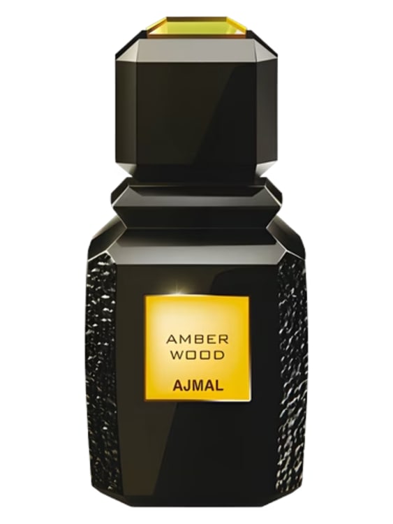 A bottle of Ajmal Amber Wood cologne with a dark wooden cap, set against a rich, luxurious background.