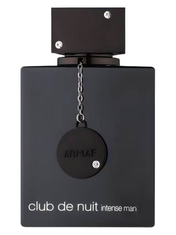 A sleek black bottle of Armaf Club de Nuit Intense cologne for men with a silver cap and chain.