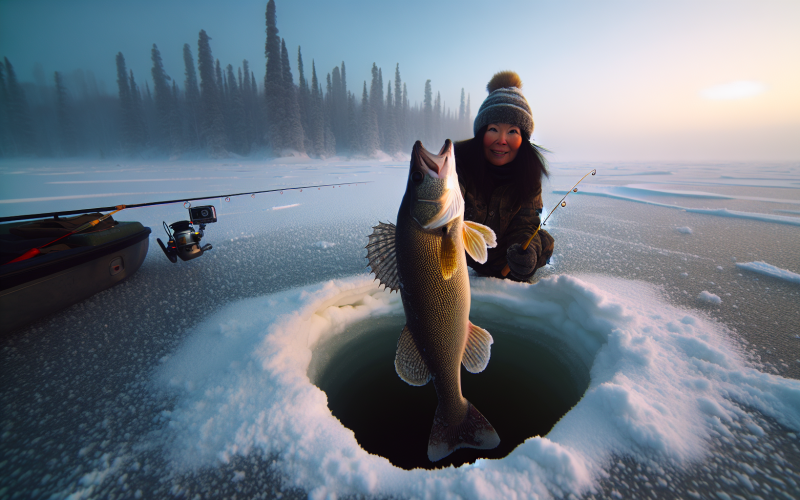 An angler holding a large walleye caught through the ice with a snowy backdrop.